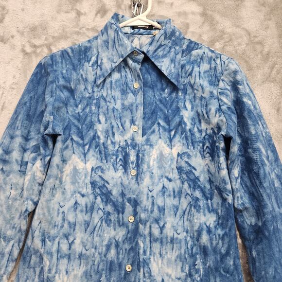Vintage 70s Tucci Top Womens 7/8 Blue White Corduroy Dagger Collar Long Sleeves - Picture 2 of 13